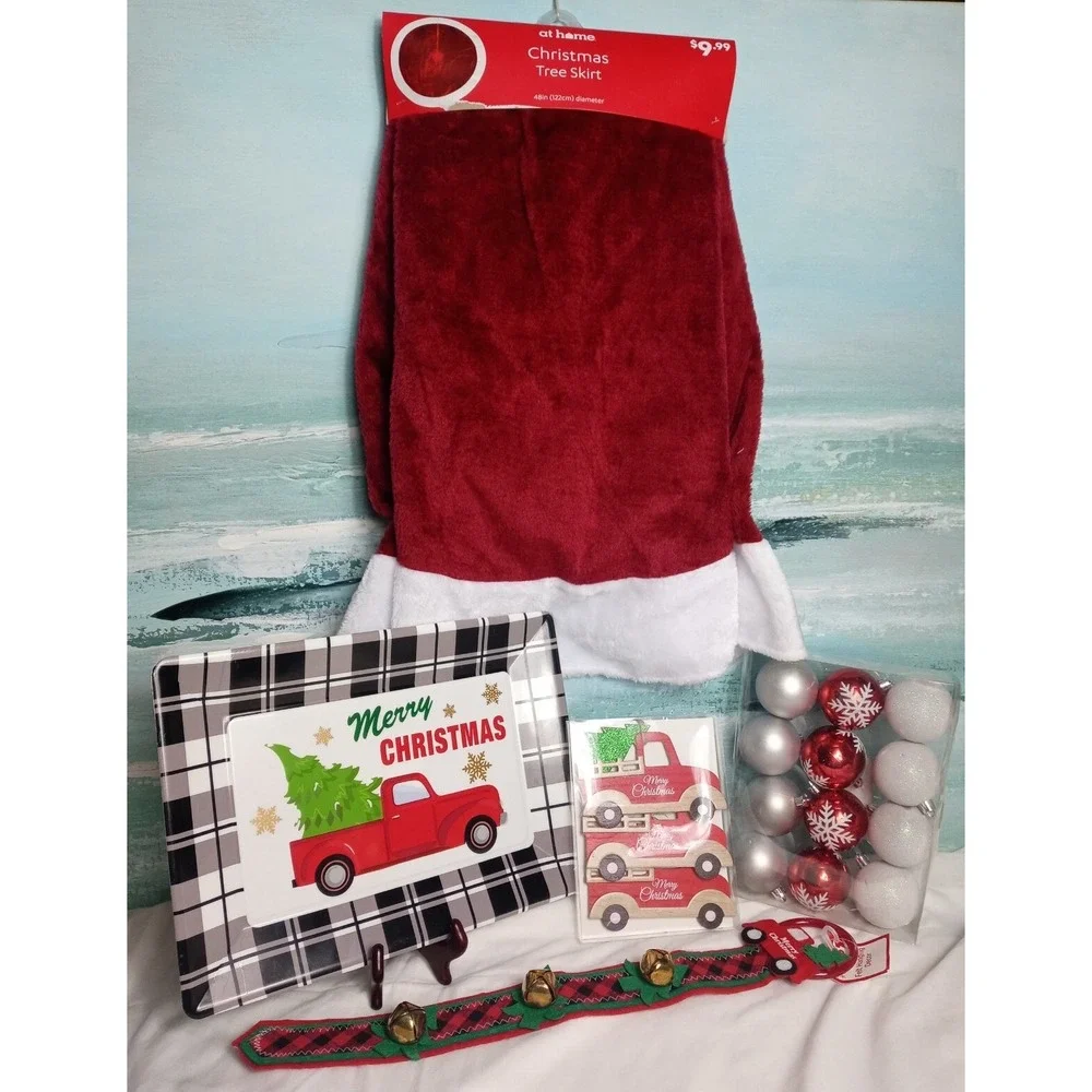 Christmas Ornament Lot With‎ Tree Skirt Country Red Truck Serving Tray